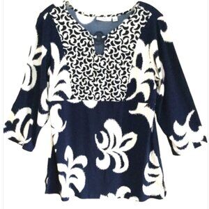 Susan Graver Women Size S Top Tunic Blouse Pullover Navy White Polyester knit